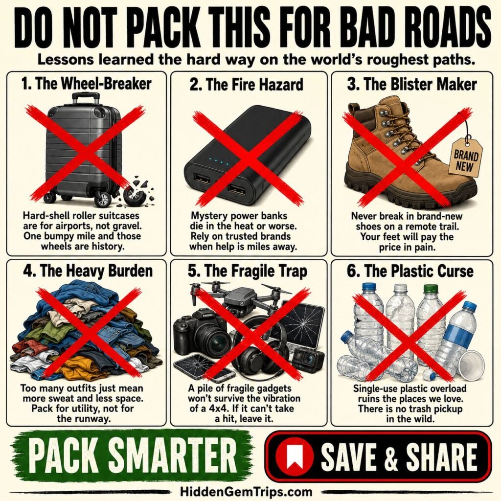 Remote travel gear infographic for bad roads and remote places