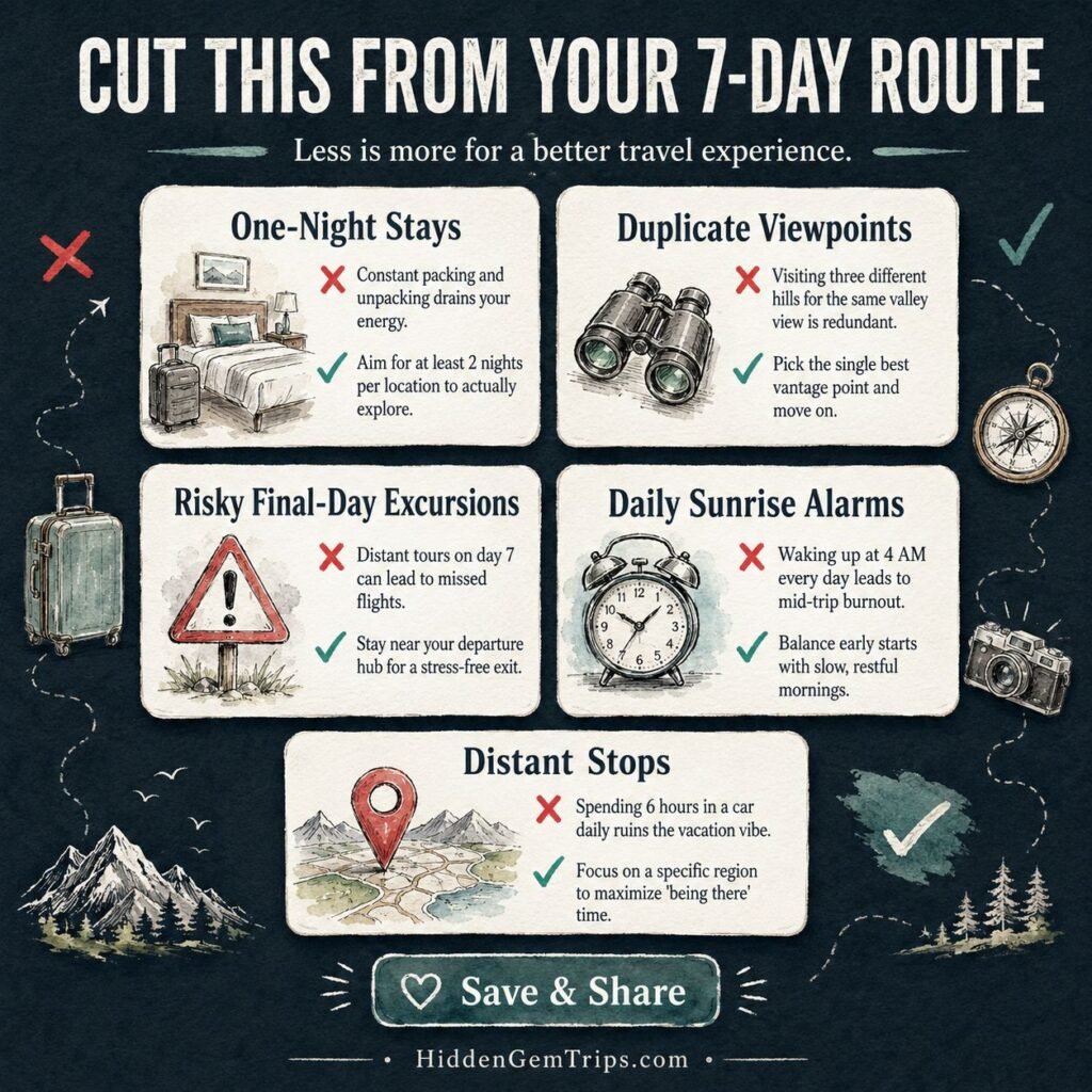 7-Day Travel Itinerary checklist showing what to remove from an exhausting travel route