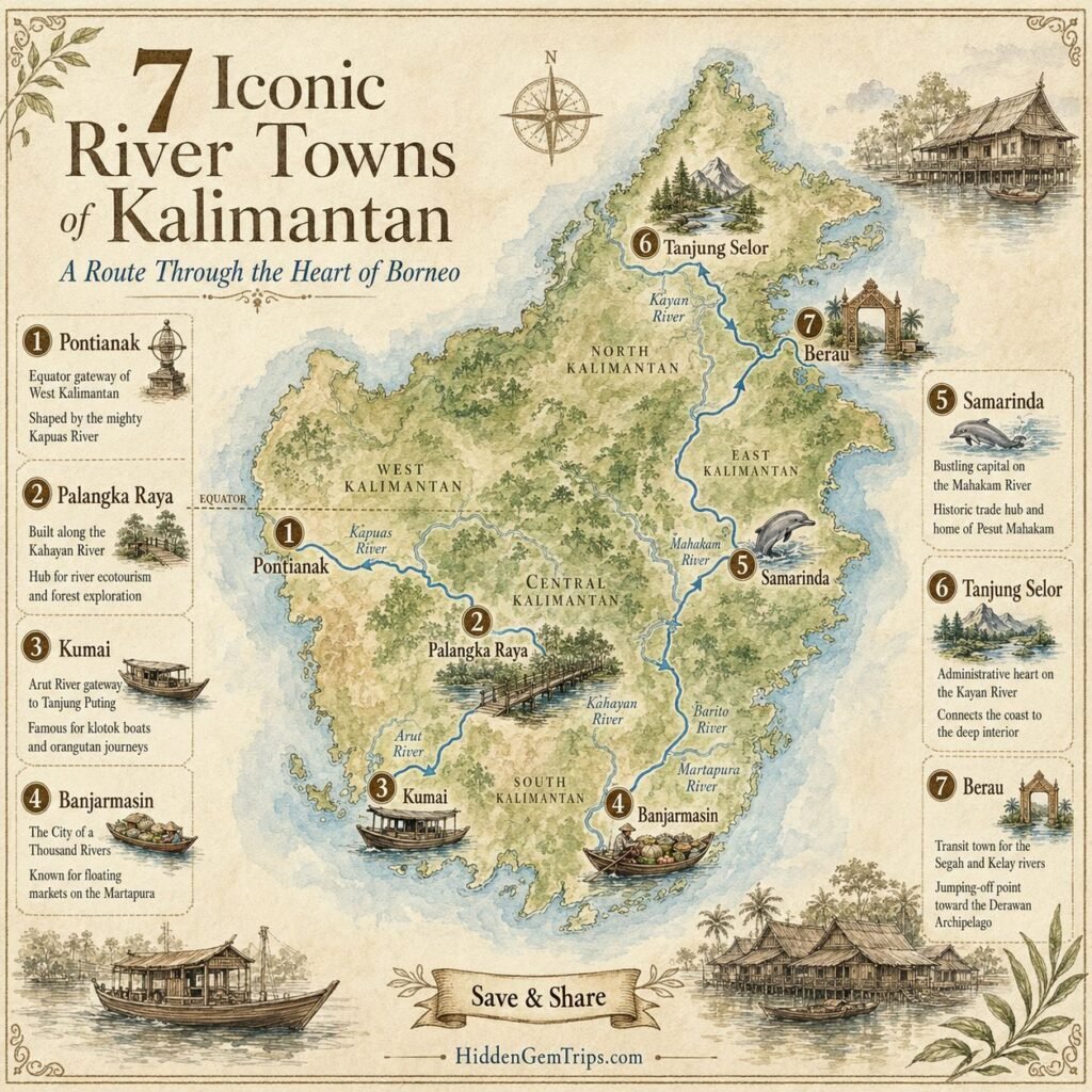 Kalimantan River Towns: 7 Real Borneo Stops 1 Kalimantan River Towns route map with seven Borneo stops