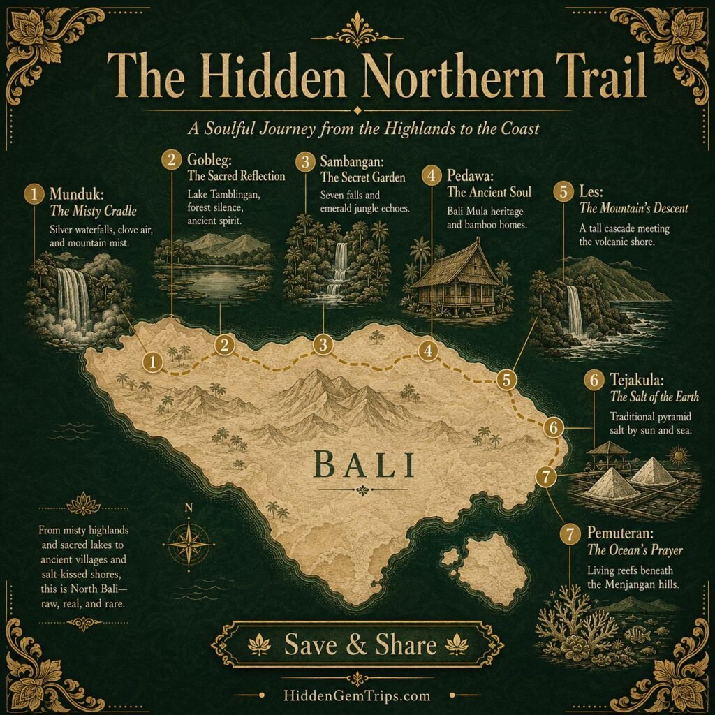 North Bali Villages: 7 Quiet Corners to Visit 1 North Bali Villages route map with seven quiet stops from Munduk to Pemuteran.