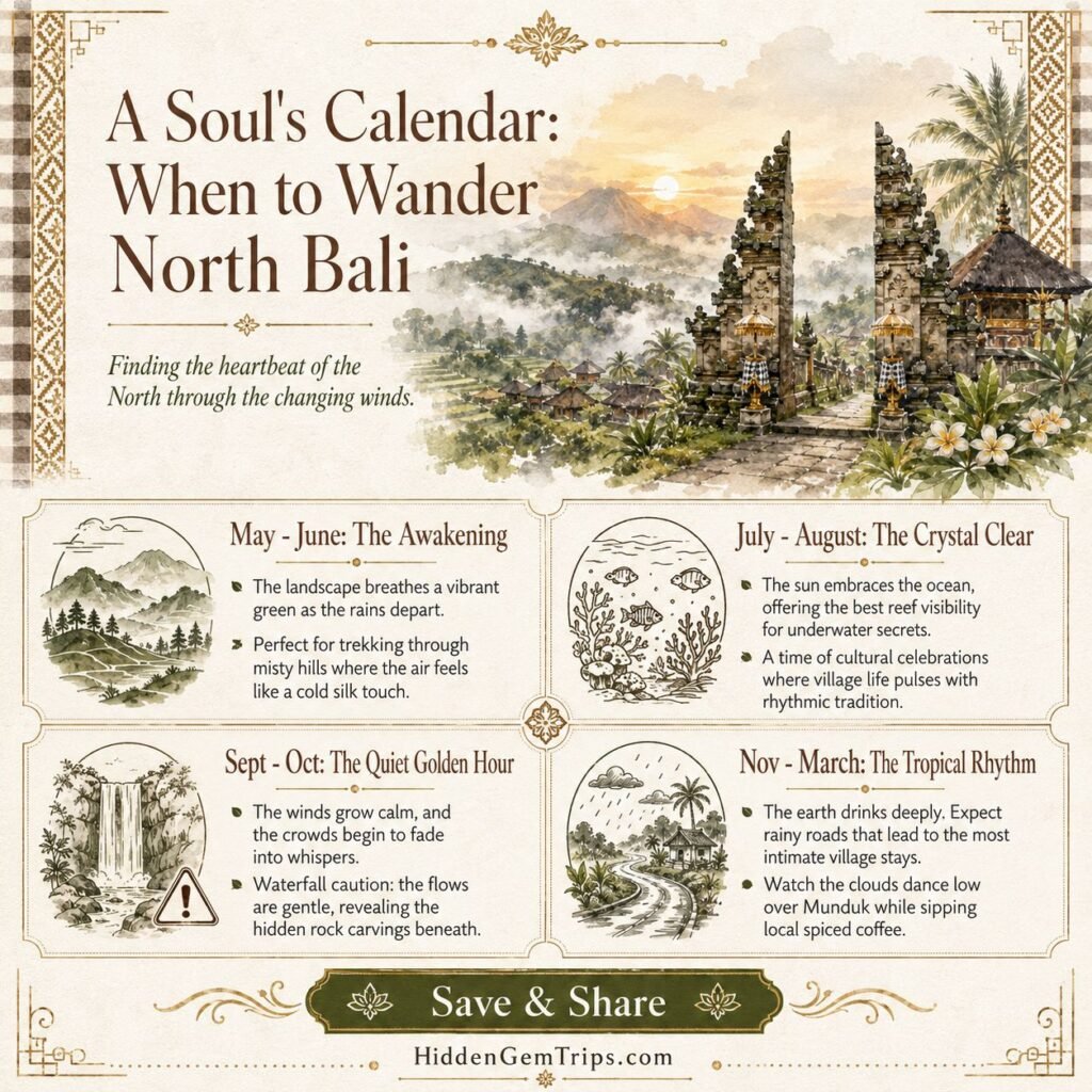 North Bali Villages: 7 Quiet Corners to Visit 2 North Bali Villages seasonal guide showing best months for highlands, coast, waterfalls, and reefs.