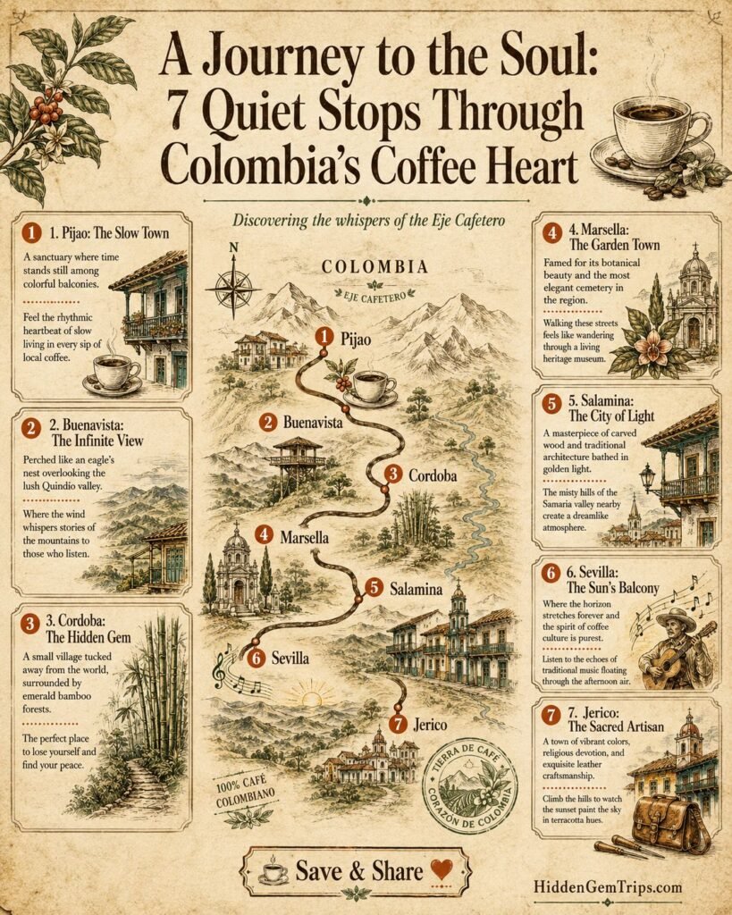 Colombia coffee towns route map showing 7 quiet local stops across Quindio Risaralda Caldas Valle del Cauca and Antioquia