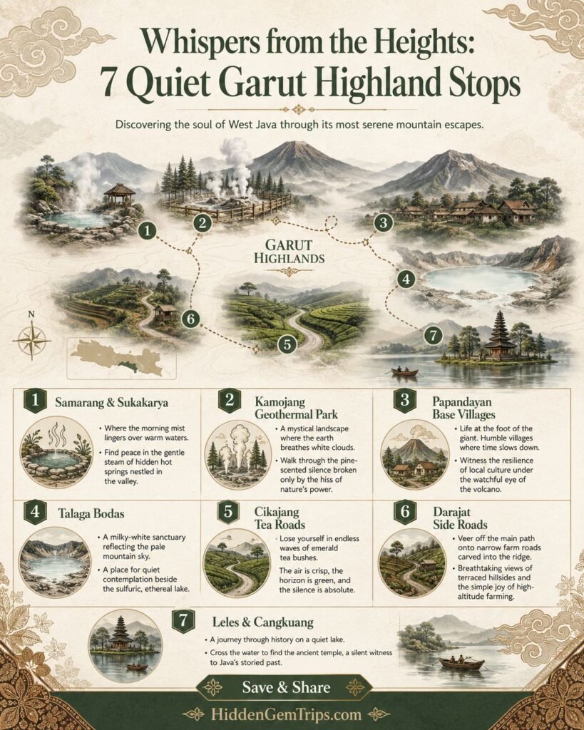 Garut Highlands Guide: 7 Quiet Escapes from Jakarta 1 Garut Highlands Guide infographic with 7 quiet stops from Jakarta