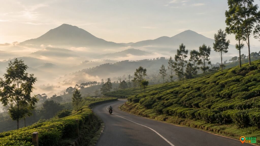 Garut Highlands Guide showing a misty tea road and quiet mountain escape from Jakarta