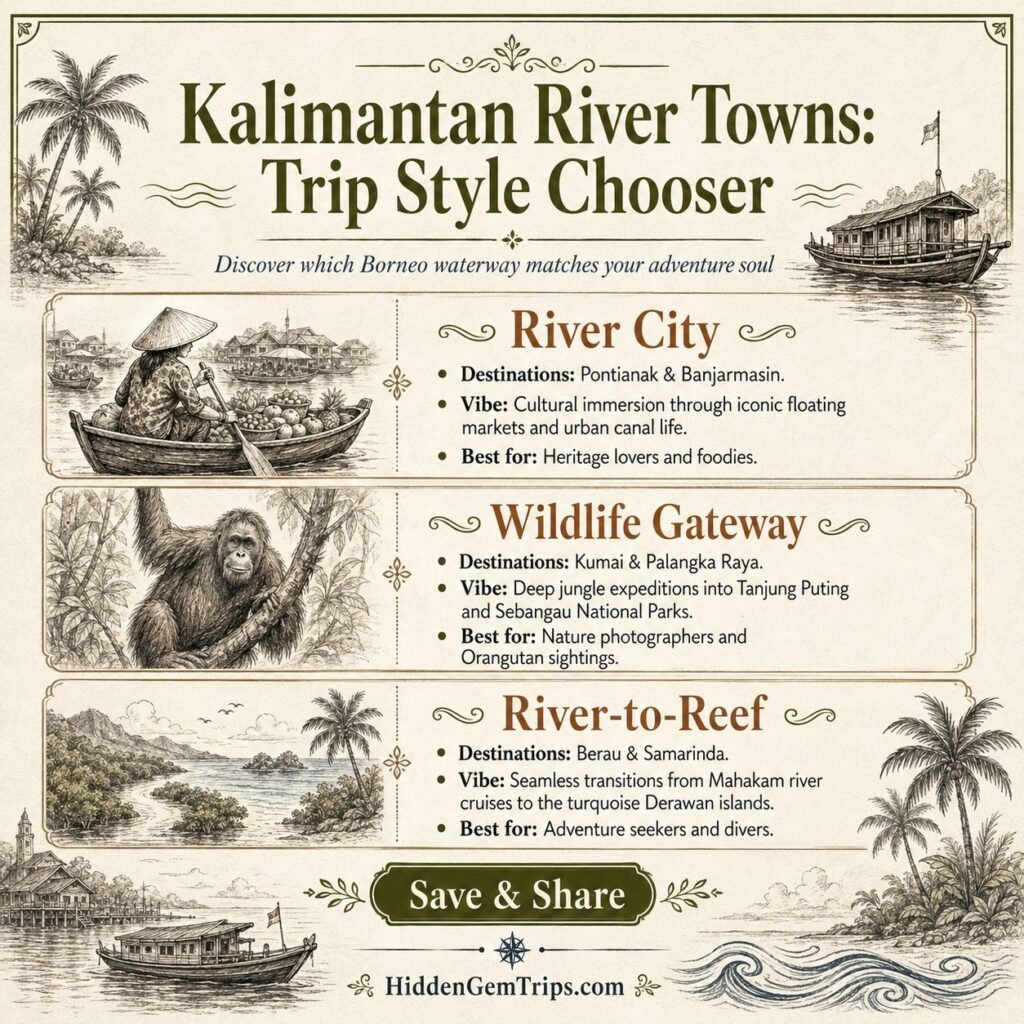 Kalimantan River Towns: 7 Real Borneo Stops 2 Kalimantan River Towns trip style chooser infographic