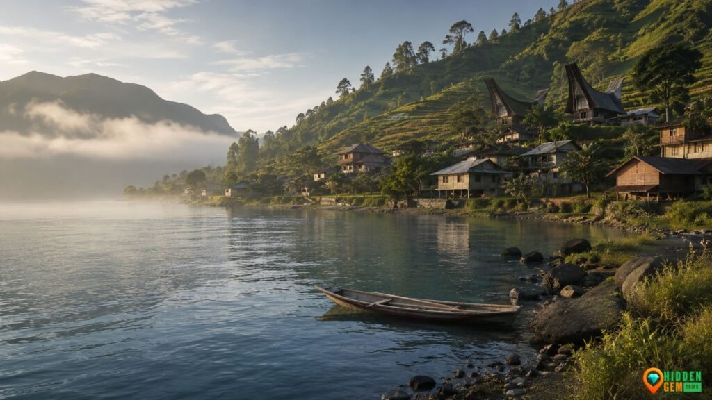 Lake Toba villages beyond Samosir with quiet lakeside homes and Batak highland scenery