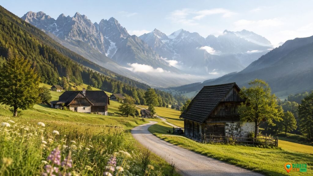 Slovenia Quiet Valleys beyond Bled with alpine meadows, forest road, and distant Julian Alps