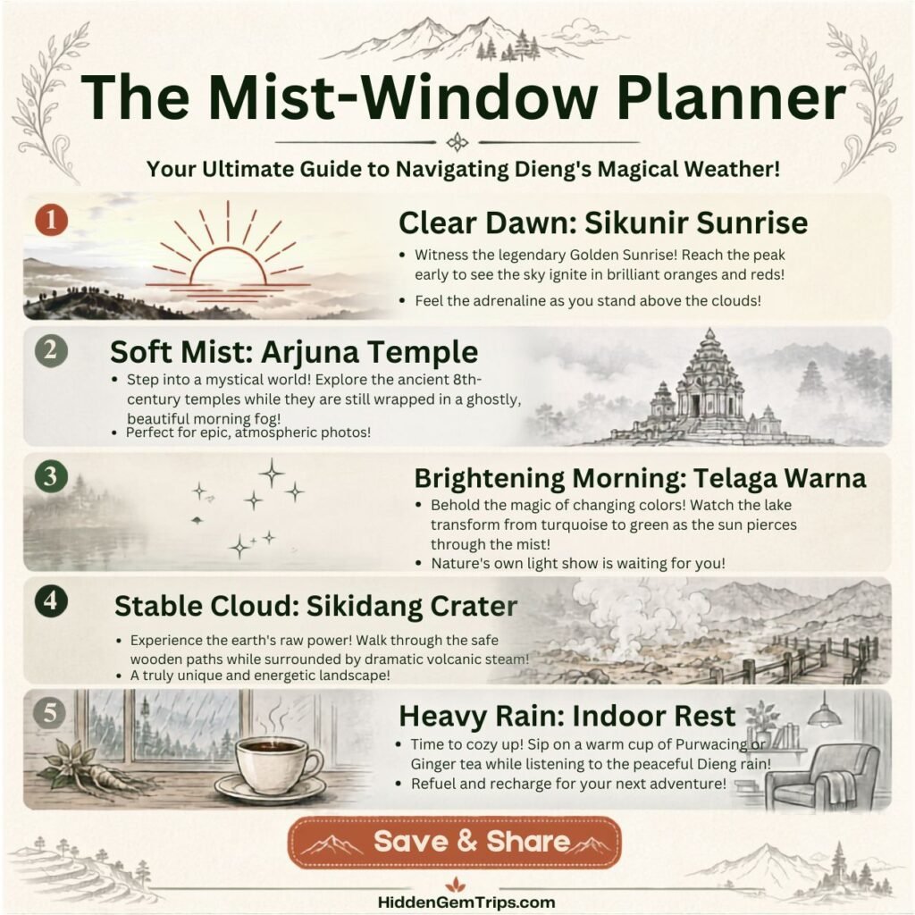 Dieng Plateau Travel Guide: 7 Misty Stops 1 Dieng Plateau Travel Guide infographic for planning stops around mist and weather