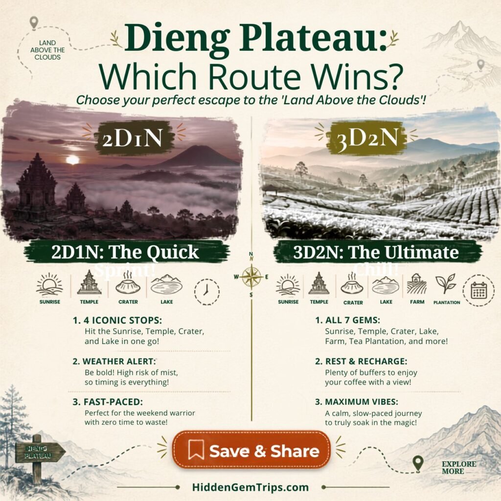 Dieng Plateau Travel Guide: 7 Misty Stops 3 Dieng Plateau Travel Guide infographic comparing a 2-day and 3-day itinerary
