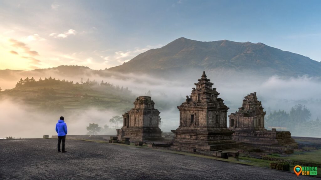 Dieng Plateau Travel Guide showing Arjuna Temple in morning mist
