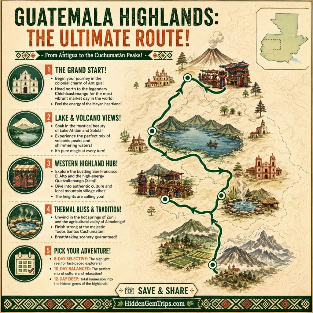 Guatemala Highlands Guide route map for an 8 to 12 day market and volcano trip