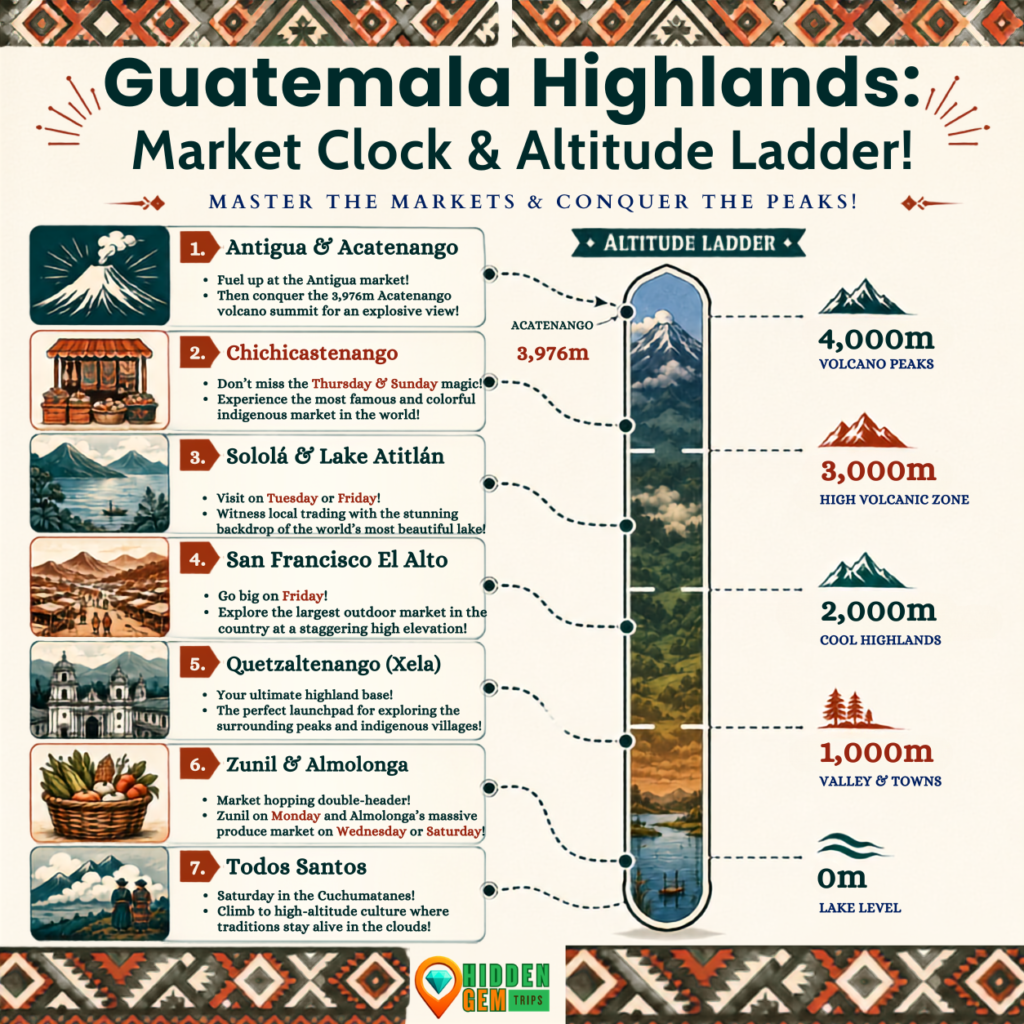 Guatemala Highlands Guide infographic with market days and altitude progression