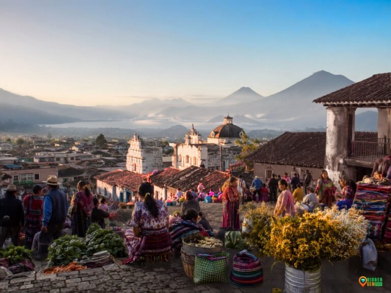 Guatemala Highlands Guide showing a highland market with volcanoes in the distance