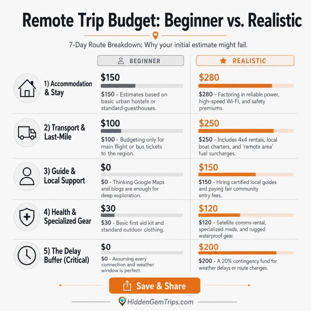 Remote Trip Budget: 9 Costs Travelers Forget 3 Remote trip budget example comparing beginner estimate and realistic cost buffer