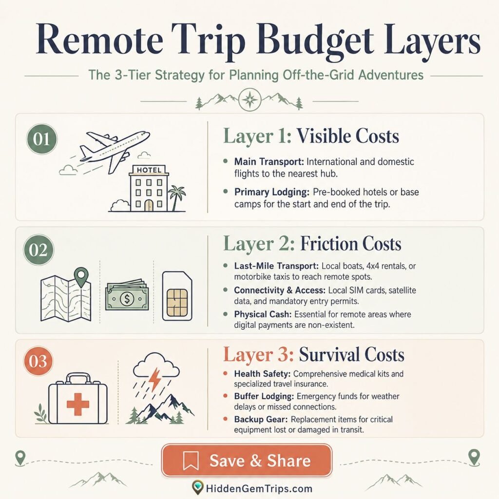 Remote Trip Budget: 9 Costs Travelers Forget 1 Remote trip budget layers showing visible, friction, and survival costs