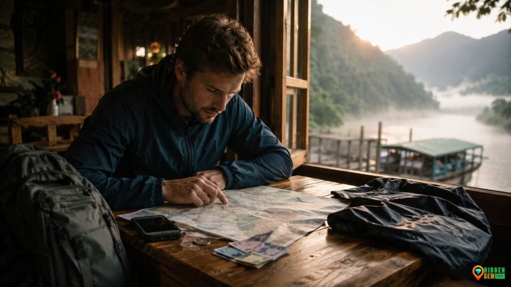 Remote trip budget planning with map, cash, phone, and travel gear