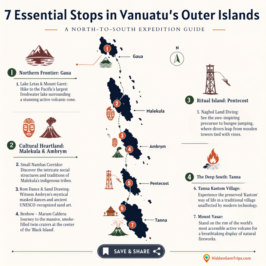 Vanuatu outer islands map showing 7 culture and volcano stops across Tanna, Pentecost, Ambrym, Malekula, and Gaua