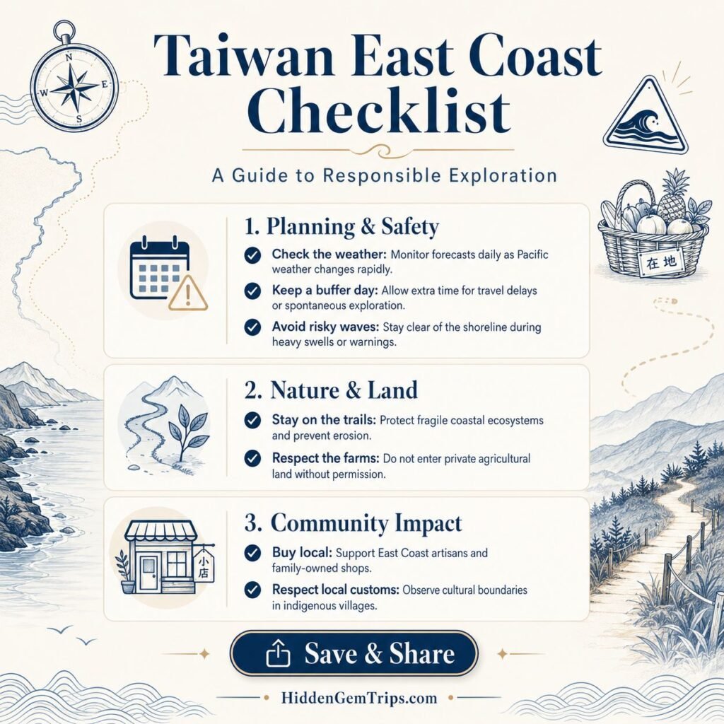 Taiwan East Coast: 7 Quiet Towns and Scenic Stops 3 Taiwan East Coast responsible travel checklist for quiet towns and scenic stops
