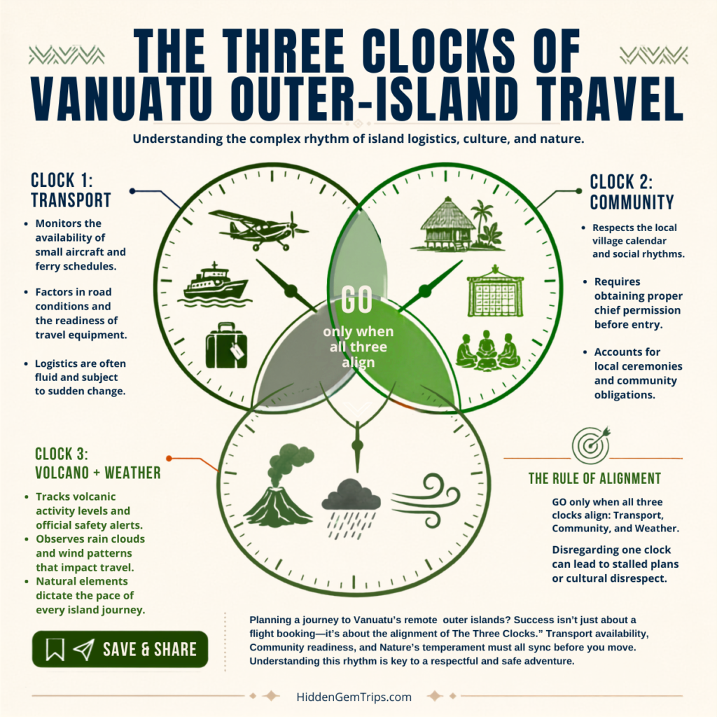 Vanuatu outer islands planning infographic showing transport, community, and volcano weather clocks