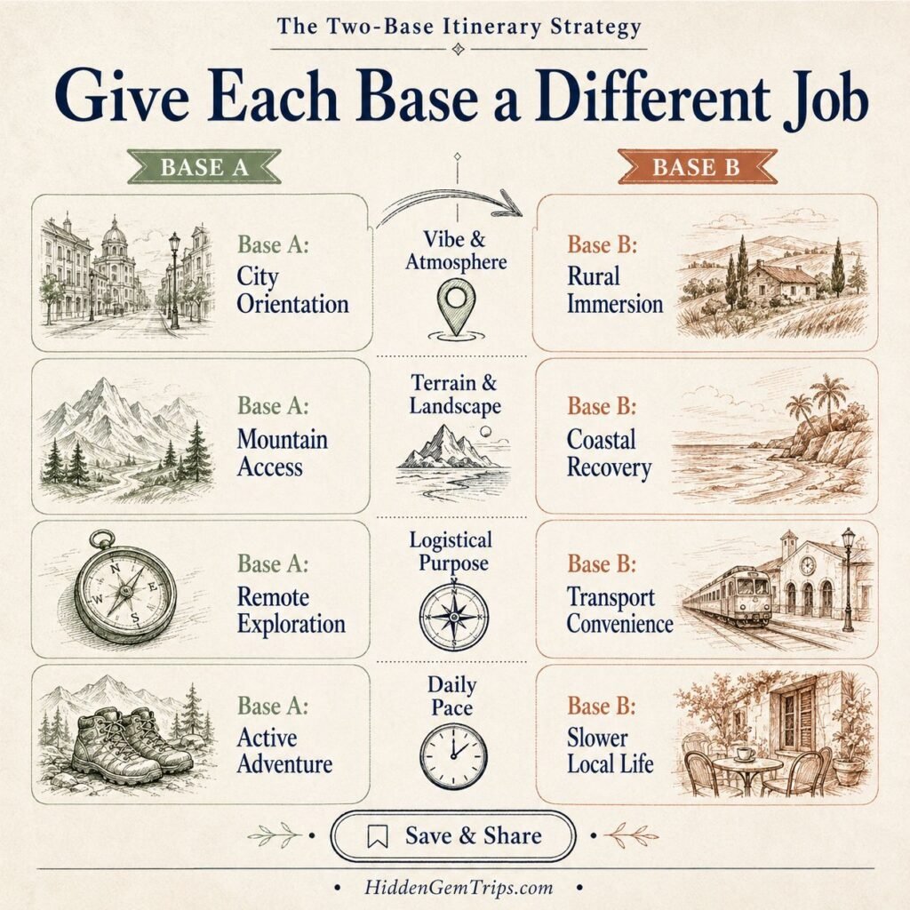 Two-Base Itinerary Method: 7 Rules for Better Trips 1 Two-Base Itinerary Method infographic comparing the different roles of Base A and Base B