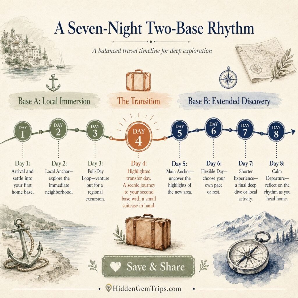 Two-Base Itinerary Method: 7 Rules for Better Trips 3 Two-Base Itinerary Method seven-night timeline with Base A, one transfer day, and Base B