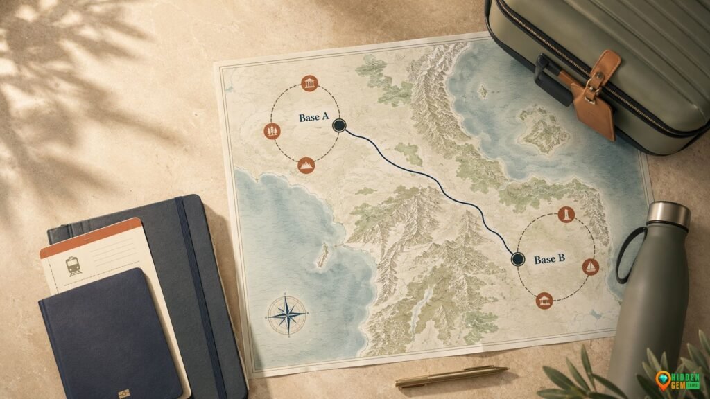Two-Base Itinerary Method map showing two travel hubs connected by one strategic transfer