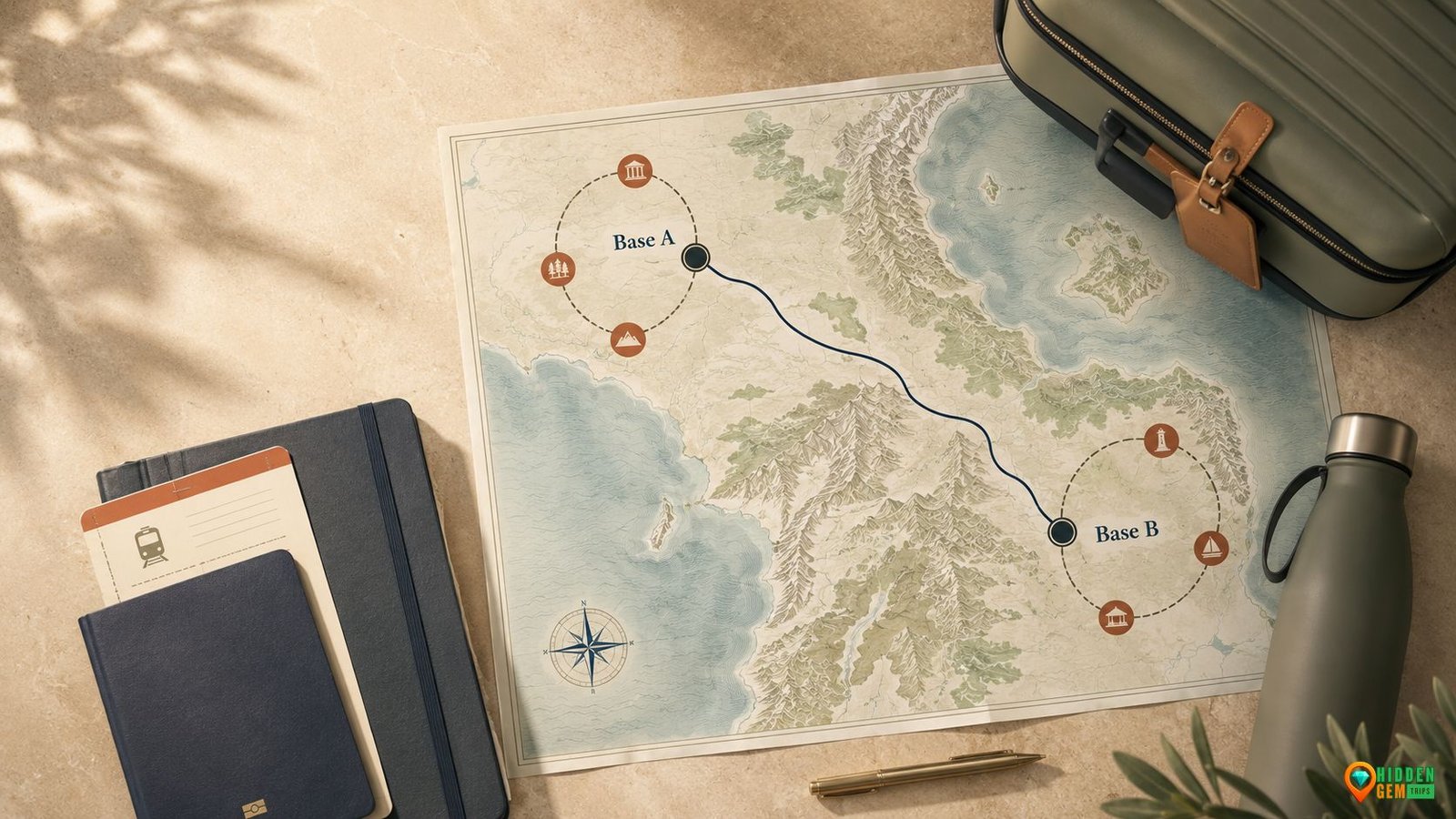 Two-Base Itinerary Method map showing two travel hubs connected by one strategic transfer