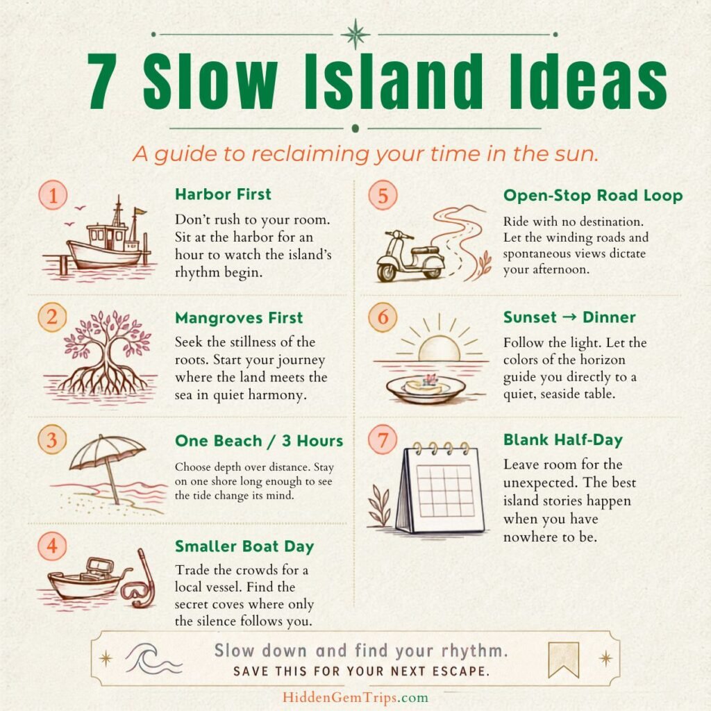 7 Slow Island Ideas: Karimunjawa Travel Guide 2 Karimunjawa Travel Guide infographic showing 7 slow island ideas from harbor mornings to a blank half-day