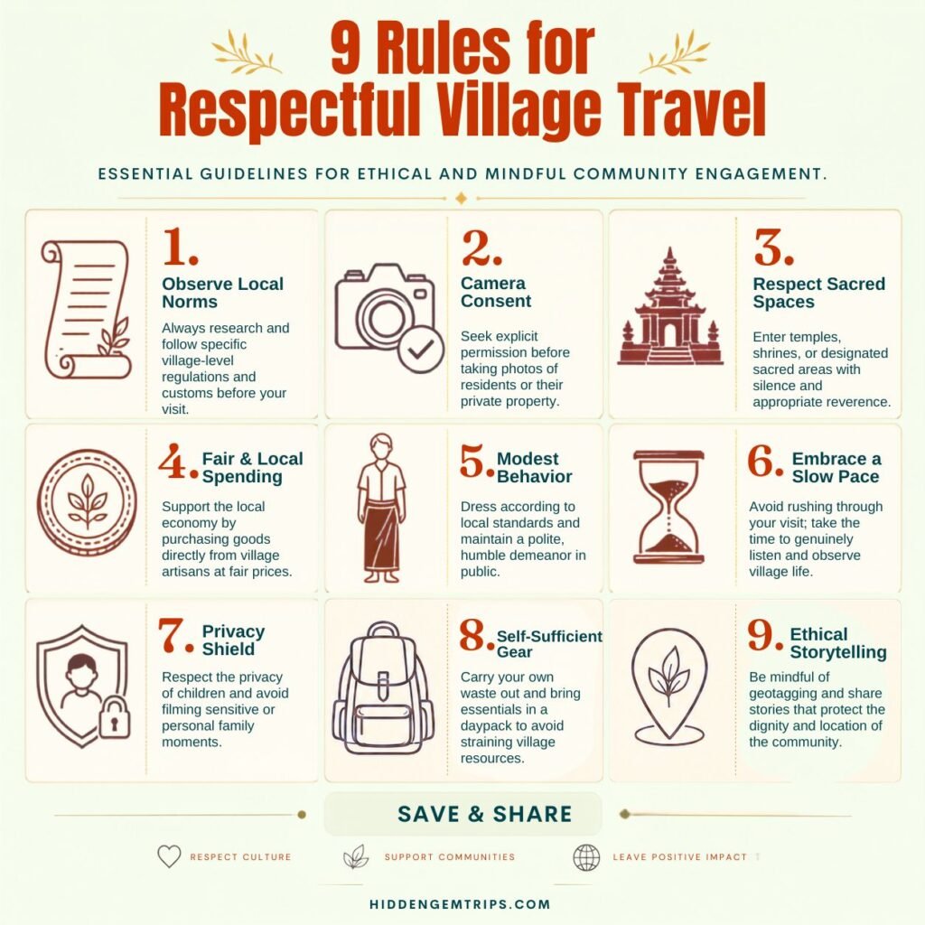 Respectful Travel Checklist: 9 Rules for Villages 2 Respectful travel checklist showing 9 rules for visiting villages responsibly
