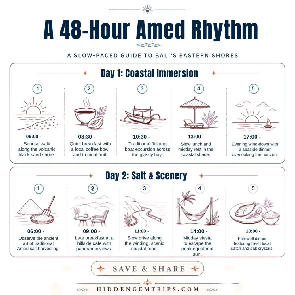 Amed Beyond Diving: Salt Farms, Coastal Roads and Slow Mornings 3 Amed beyond diving 48-hour itinerary infographic for slow travel in East Bali
