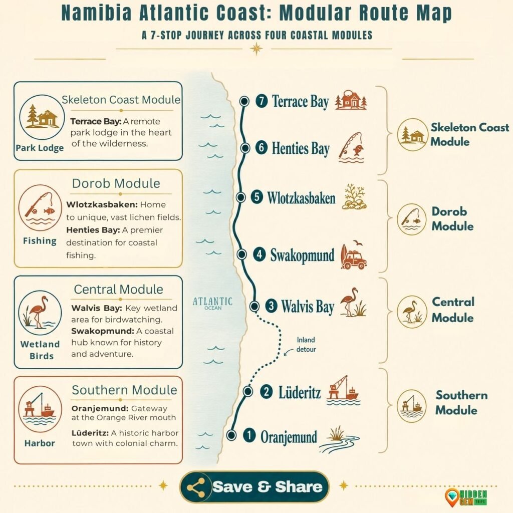 Namibia coastal towns modular route map from Oranjemund to Terrace Bay