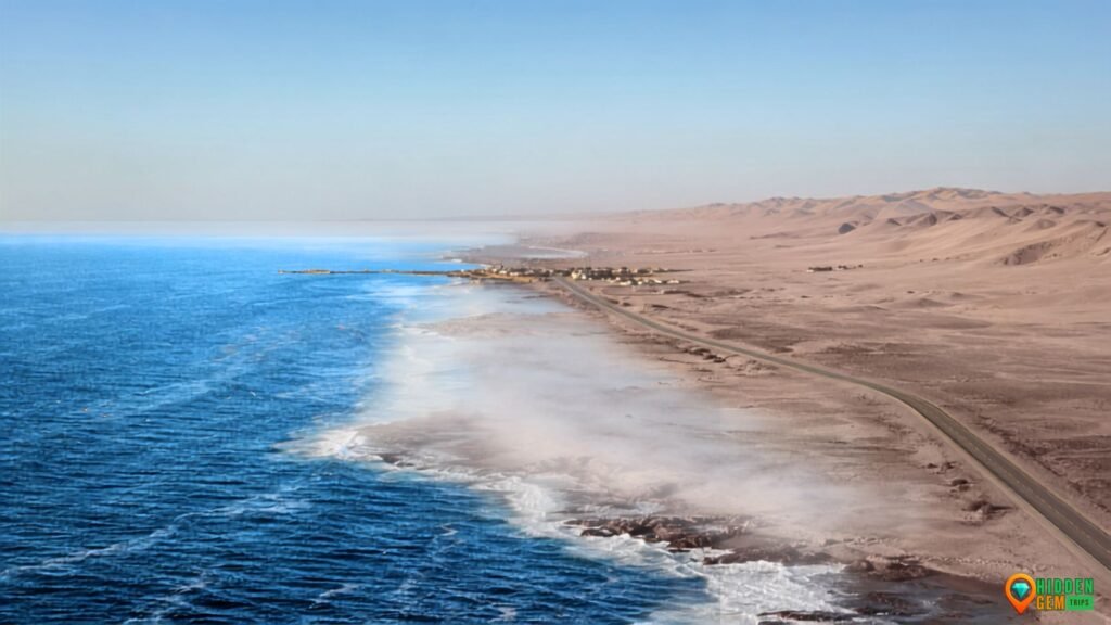 Namibia coastal towns between desert dunes, fog, and the Atlantic Ocean