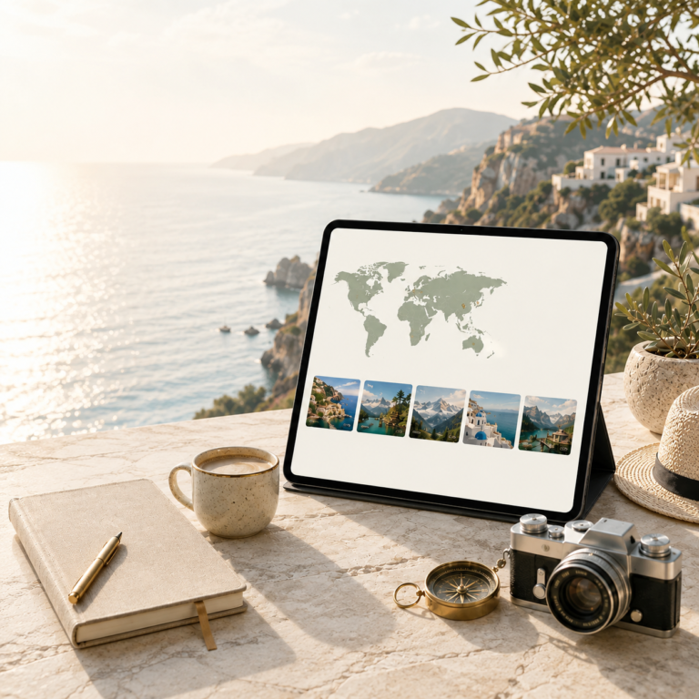 Article Directory 1 HiddenGemTrips article directory displayed on a tablet beside a camera, compass, coffee, and travel journal overlooking a Mediterranean coastline.