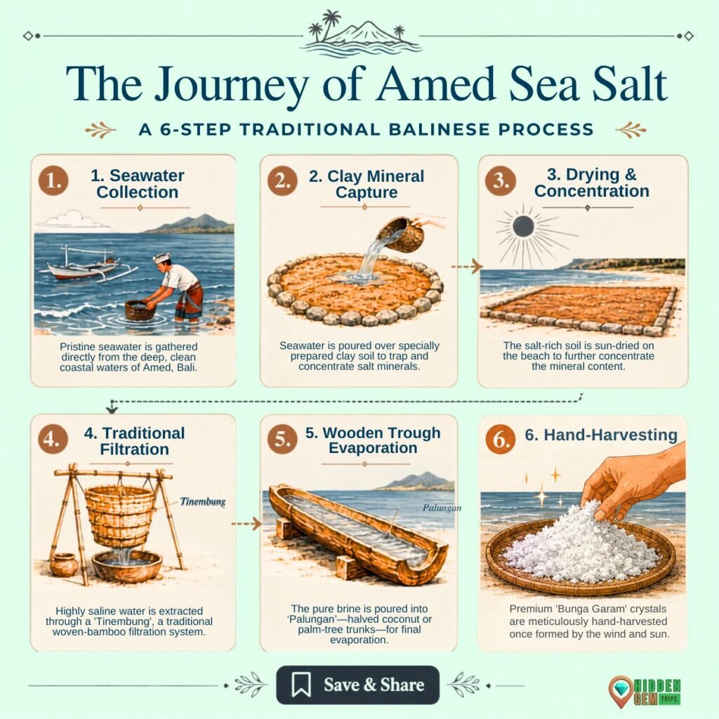 Amed Beyond Diving: Salt Farms, Coastal Roads and Slow Mornings 2 Amed beyond diving infographic explaining traditional Garam Amed Bali salt production
