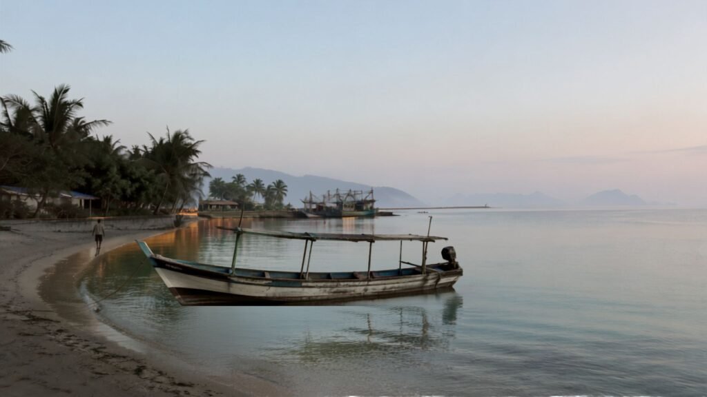 Karimunjawa Travel Guide slow island morning with a wooden boat, calm shore, and soft tropical light