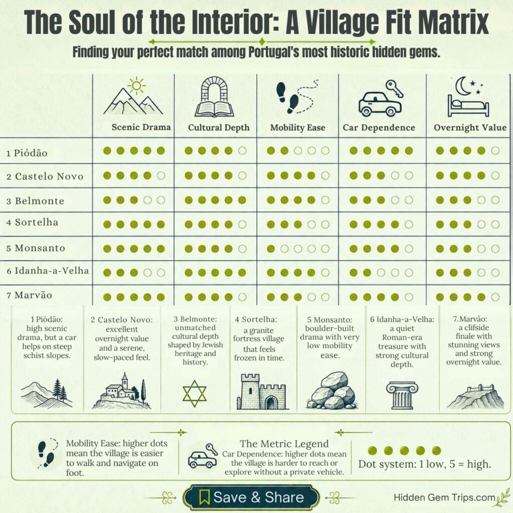 Portugal Inland Villages: 7 Local Escapes for 2026 1 Portugal inland villages comparison matrix for scenery, heritage, overnight value, mobility and car dependence