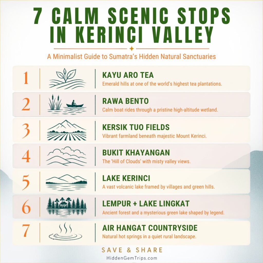 Kerinci Valley Travel Guide infographic with seven calm scenic stops