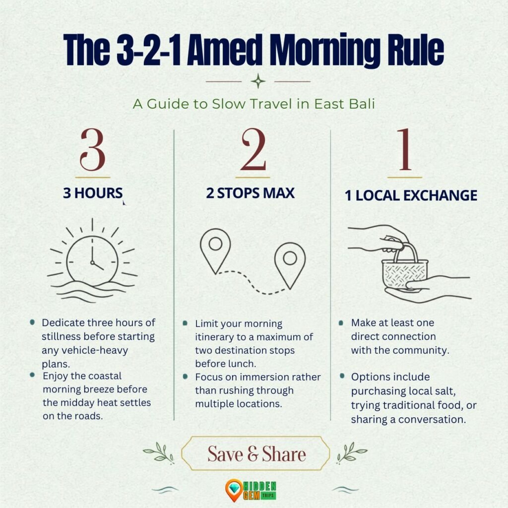 Amed Beyond Diving: Salt Farms, Coastal Roads and Slow Mornings 1 Amed beyond diving infographic showing the 3-2-1 slow morning rule for East Bali