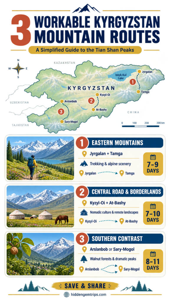 Kyrgyzstan Alpine Villages grouped into eastern, central, and southern route clusters
