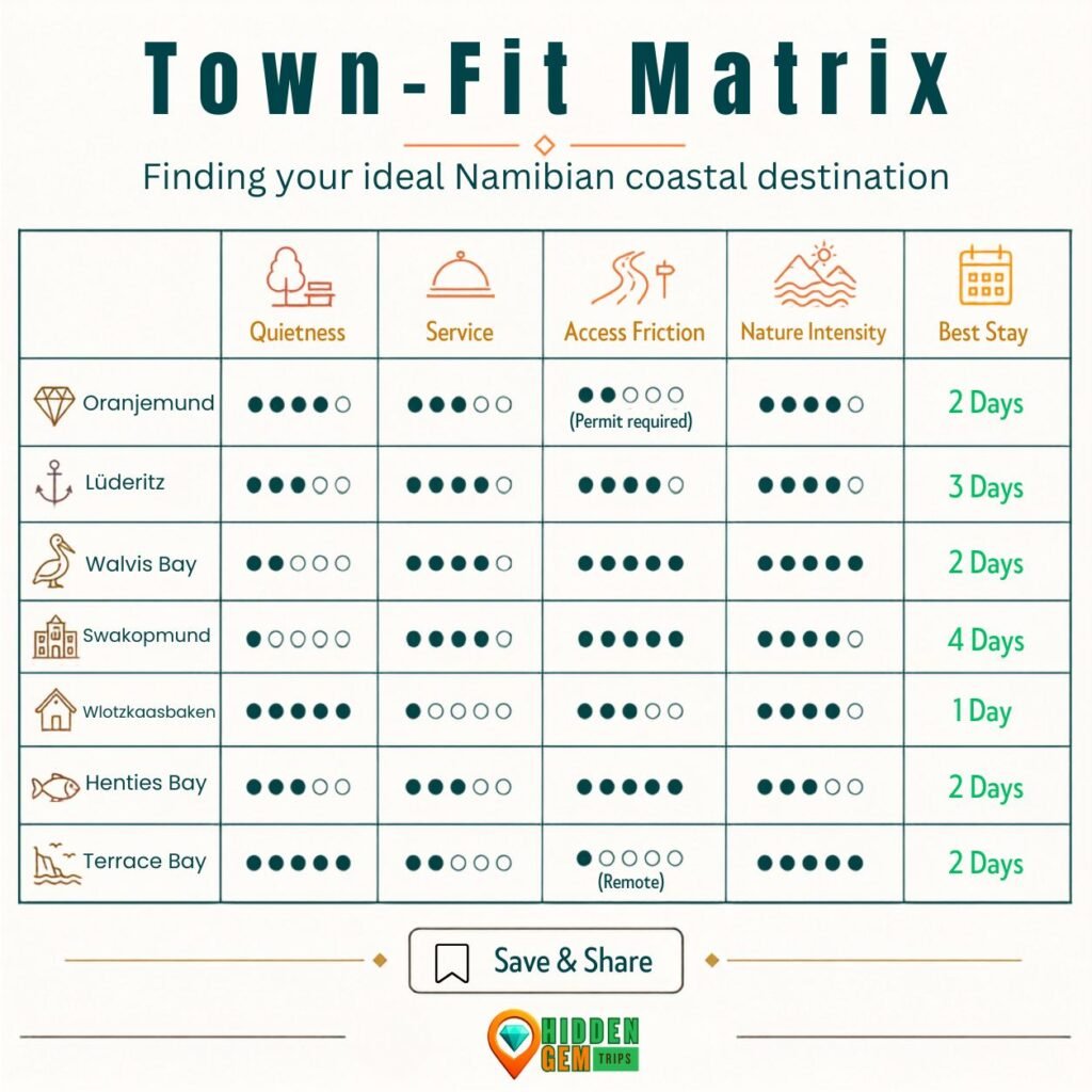 Namibia coastal towns comparison matrix for quietness, access, services, and nature