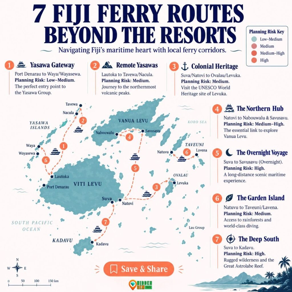 Fiji ferry routes map showing seven island corridors to Yasawa, Ovalau, Vanua Levu, Taveuni and Kadavu