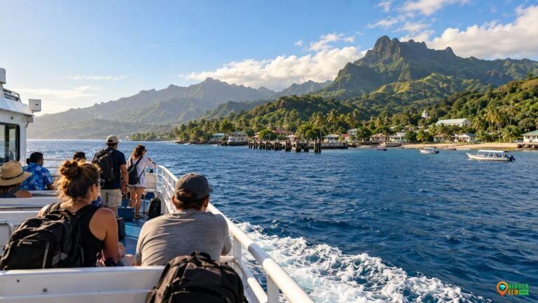 Fiji ferry routes beyond resorts with a local passenger ferry approaching a green island village coastline