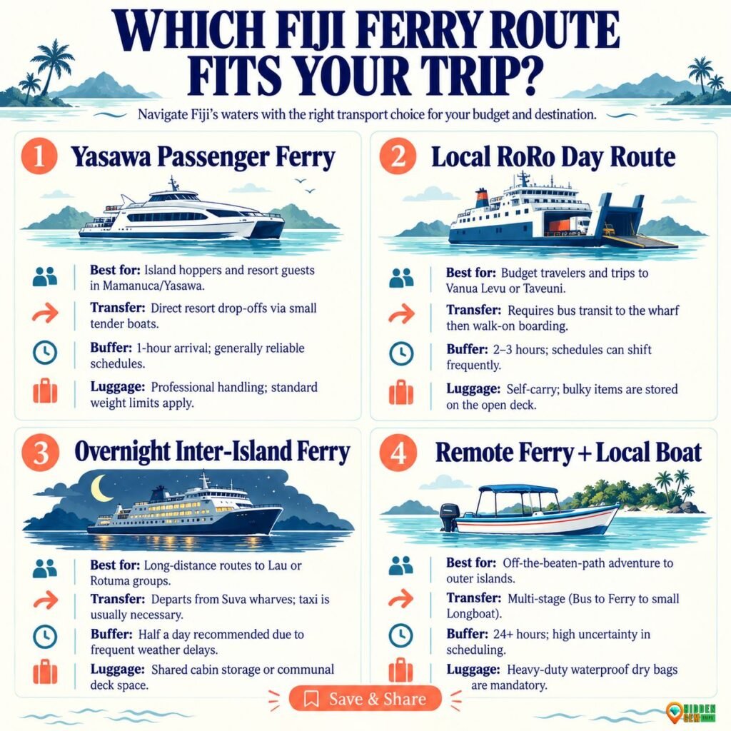 Fiji ferry routes decision matrix comparing Yasawa passenger ferries, local RoRo, overnight ferry and outer-island routes